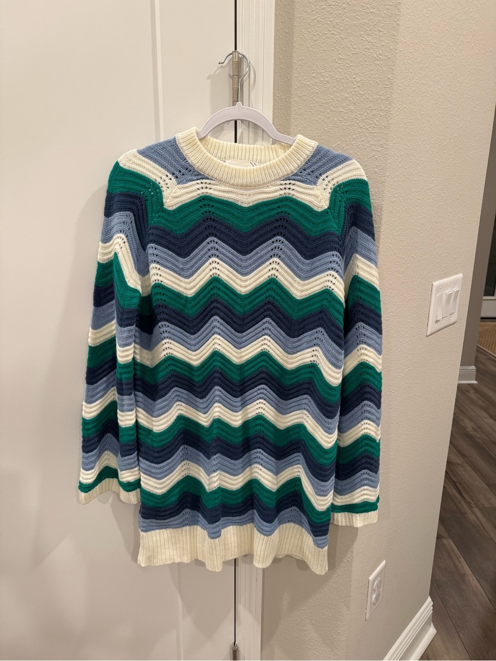 Tuckernuck Chevron Stripe Crewneck Sweater in Blue, Green & Cream